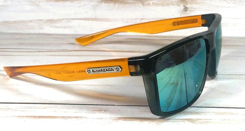 Engraved Name Sunglasses w/Biohazard Brand. For Sports, driving, gift. Unisex. Gold arm