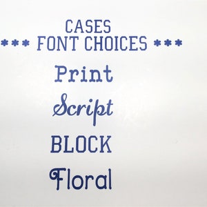 May include: A white background with blue text that reads "CASES FONT CHOICES" with the words "Print", "Script", "BLOCK", and "Floral" listed below. The text is in different font styles.