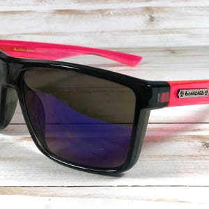 Engraved Name Sunglasses w/Biohazard Brand. For Sports, driving, gift. Unisex. Pink arm/Smoke lens