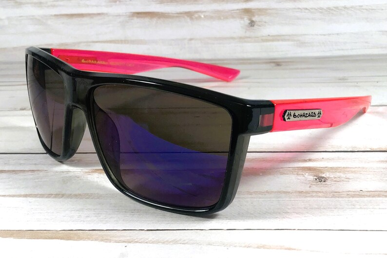 Engraved Name Sunglasses w/Biohazard Brand. For Sports, driving, gift. Unisex. Pink arm/Smoke lens