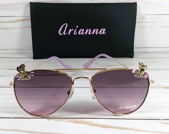 NAME ENGRAVED FREE on Sunglasses with Butterflies and Crystals. Add a Personalized Faux Leather Case for a special gift!