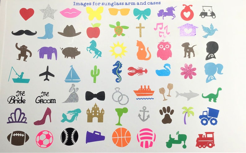 May include: A sheet of colorful stickers featuring various images, including animals, objects, and symbols. The stickers are designed for decorating sunglasses arms and cases.