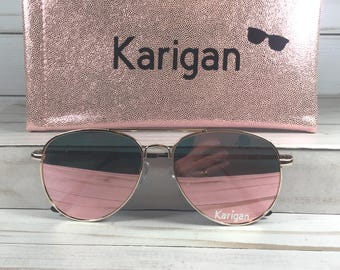 Rose Gold Mirror Lens Sunglasses: Personalized Glitter Case