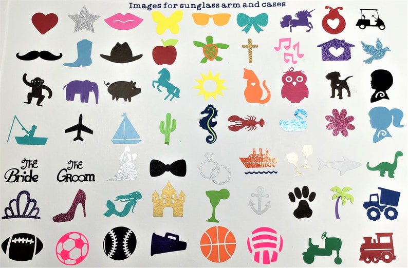 May include: A sheet of colourful stickers featuring various images, including animals, objects, and symbols. The stickers are perfect for decorating sunglasses, cases, and other accessories.