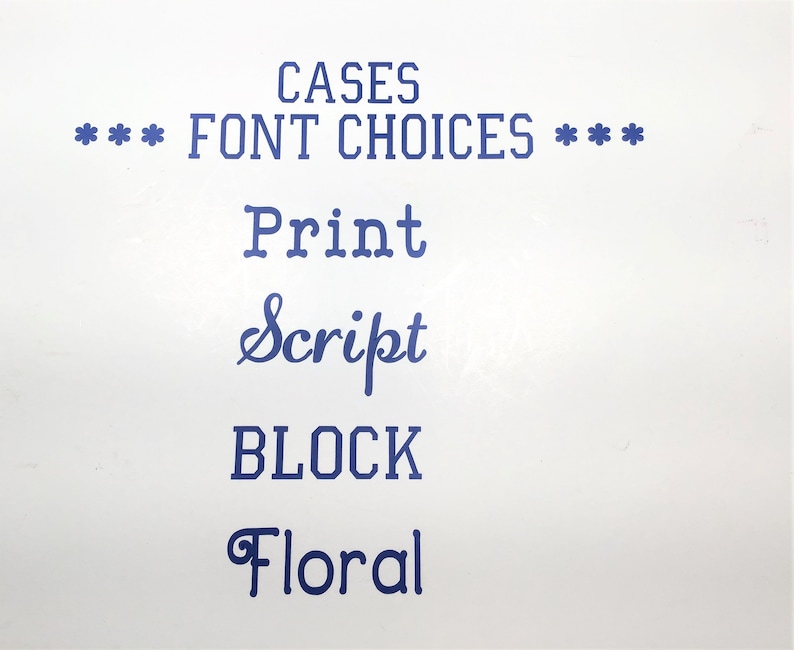 May include: A white background with blue text that reads "CASES FONT CHOICES" with the words "Print", "Script", "BLOCK", and "Floral" listed below. The text is in different font styles.