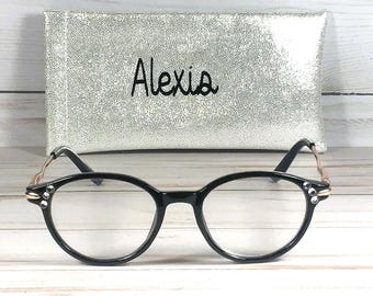 Black Reader Glasses +1.25 with Swarovski Crystals & Glitter Case