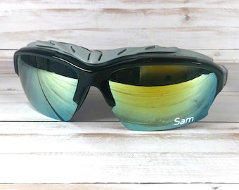 Motorcycle sunglasses with foam padding. Mirror lens. Name Personalized on glasses and pouch.  Unisex sunglass.