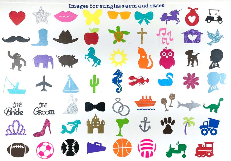 Op de afbeelding: Een verzameling kleurrijke iconen en silhouetten gerangschikt in een raster, gelabeld Images for sunglass arm and cases. De ontwerpen bevatten dieren, sportuitrusting, voertuigen, symbolen en tekst zoals The Bride en The Groom in diverse kleuren.