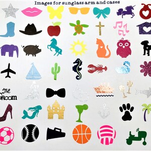 May include: A sheet of colorful stickers with various images, including animals, objects, and symbols. The stickers are designed for decorating sunglasses arms and cases.