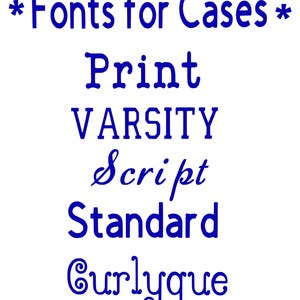 May include: A blue graphic with the text "*Fonts for Cases*" and the words "Print", "VARSITY", "Script", "Standard", and "Curlyque" in different fonts.