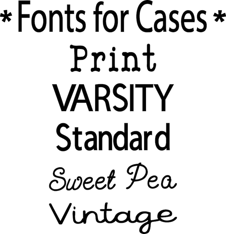 Może przedstawiać: Czarno-biała grafika z napisem *Fonts for Cases* u g&oacute;ry, po kt&oacute;rej następuje lista pięciu r&oacute;żnych styl&oacute;w czcionek oznaczonych jako Print, VARSITY, Standard, Sweet Pea i Vintage, z kt&oacute;rych każdy jest przedstawiony w swoim własnym, unikalnym kroju.