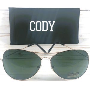 Oversized Sunglasses: Free Engraved Name, Air Force Brand, Unisex. Gold/Green lens