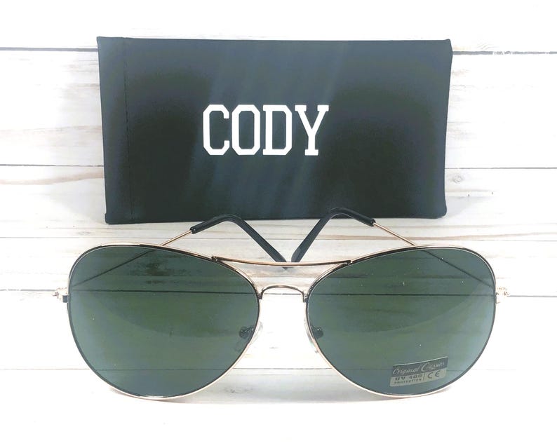Oversized Sunglasses: Free Engraved Name, Air Force Brand, Unisex. Gold/Green lens