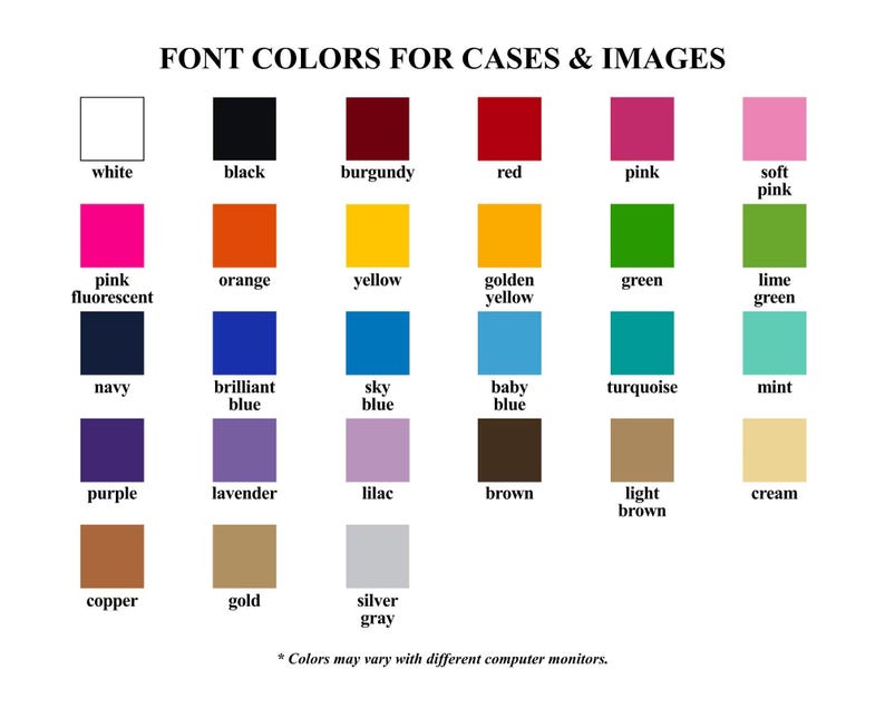 May include: A chart showing 20 different color swatches with their corresponding names. The colors include white, black, burgundy, red, pink, soft pink, pink fluorescent, orange, yellow, golden yellow, green, lime green, navy, brilliant blue, sky blue, baby blue, turquoise, mint, purple, lavender, lilac, brown, light brown, cream, copper, gold, and silver gray.