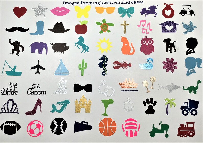 Op de afbeelding: Een vel met kleurrijke stickers met verschillende afbeeldingen, waaronder dieren, voorwerpen en symbolen. De stickers zijn bedoeld voor gebruik op zonnebrillen, etuis en andere accessoires.