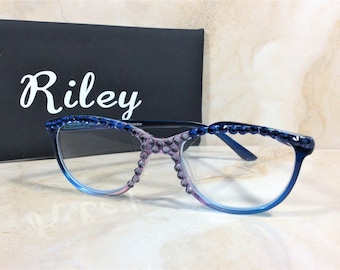 GENUINE BLUE and PINK Crystals embellished the frame of this reader. Exceptionally pretty! Free Personalized Faux Leather Case w/Name +1.50