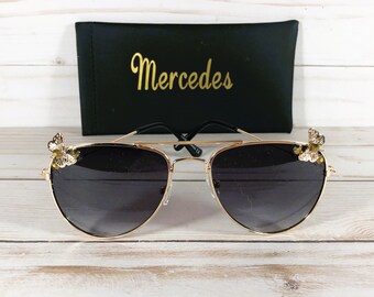 Personalized Butterfly Sunglasses: Engraved Name, Crystal Accents