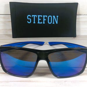 Engraved Name Sunglasses w/Biohazard Brand. For Sports, driving, gift. Unisex. Blue arms/smoke lens