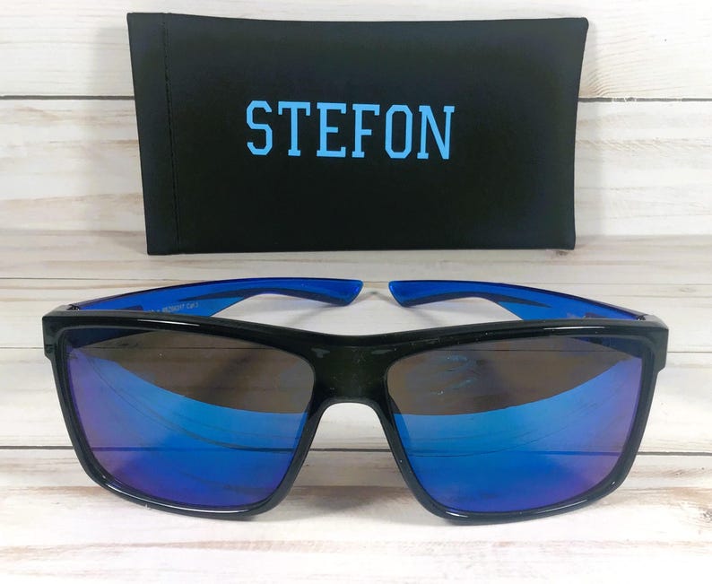 Engraved Name Sunglasses w/Biohazard Brand. For Sports, driving, gift. Unisex. Blue arms/smoke lens