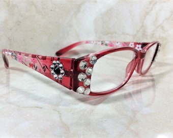 Readers with Genuine Swarovski Crystals, Floral Arms, Optional Personalized Case