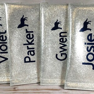Pu&ograve; includere: Quattro sacchetti color argento con un motivo strutturato e puntinato. Ogni sacchetto presenta una silhouette blu scuro e un nome stampato in blu scuro: Violet, Parker, Gwen e Josie. I sacchetti sono in piedi.