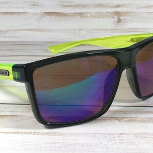 Engraved Name Sunglasses w/Biohazard Brand. For Sports, driving, gift. Unisex. Lime green/brown len