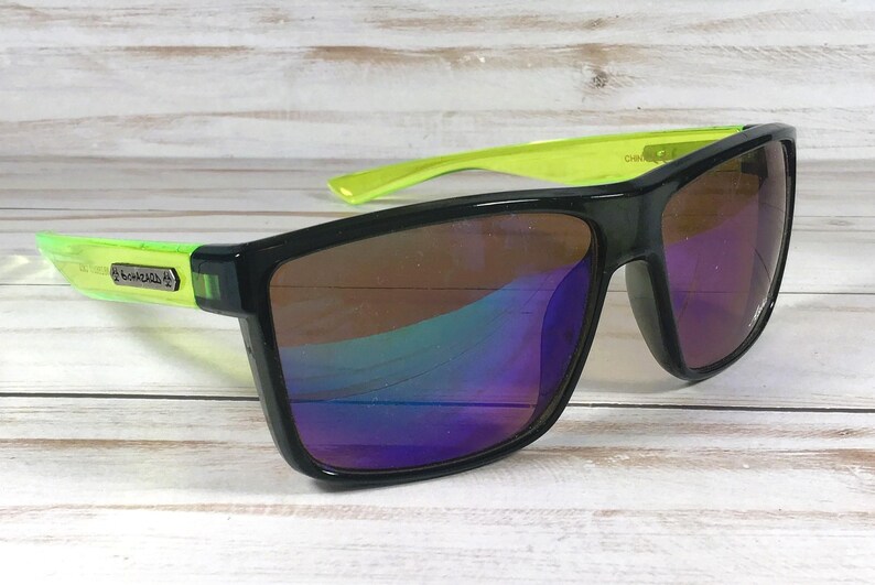 Engraved Name Sunglasses w/Biohazard Brand. For Sports, driving, gift. Unisex. Lime green/brown len
