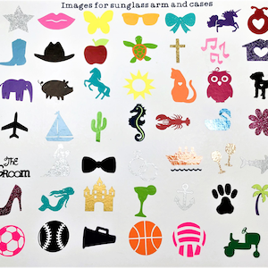 May include: A sheet of colorful stickers with various images, including animals, objects, and symbols. The stickers are designed for decorating sunglasses arms and cases.