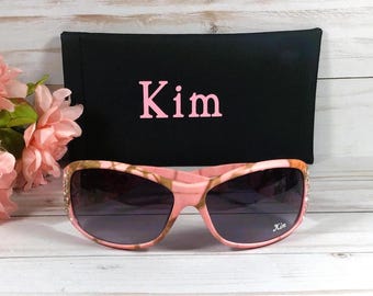 Personalized Rhinestone Camo Sunglasses with Faux Leather Case