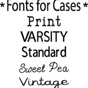 May include: Black and white image featuring the text "Fonts for Cases" at the top, followed by the words "Print", "VARSITY", "Standard", "Sweet Pea", and "Vintage" in various font styles. The text is centered on a white background.