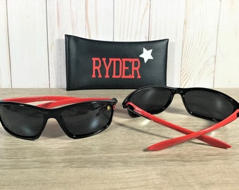 BOYS/MENS SPORT Sunglasses with Ferrari logo.  Great for any outdoor activity. Uv protection. Personalized cases with Name. Age 7 to adult.