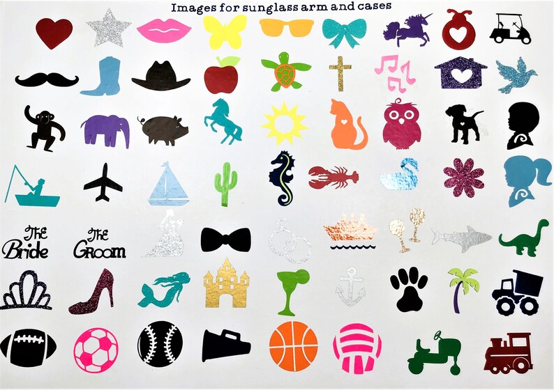May include: A sheet of colorful stickers with various images, including animals, objects, and symbols. The stickers are designed for decorating sunglasses arms and cases.