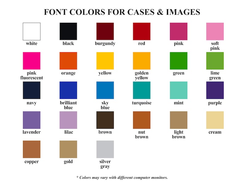 Puede incluir: Una tabla de colores titulada "FONT COLORS FOR CASES & IMAGES" muestra una variedad de muestras de color. Los colores incluyen blanco, negro, borgo&ntilde;a, rojo, rosa, rosa claro, rosa fluorescente, naranja, amarillo, amarillo dorado, verde, verde lima, azul marino, azul brillante, azul cielo, turquesa, menta, morado, lavanda, lila, marr&oacute;n, marr&oacute;n nuez, marr&oacute;n claro, crema, cobre, oro y gris plata.