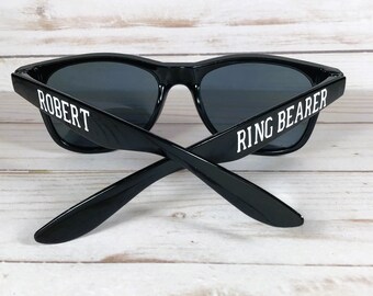 Age 9 mo. to 5.  PERSONALIZED Black Wayfarer style sunglasses with a Glossy finish. Ring Bearer, Birthday gift, Party favor.