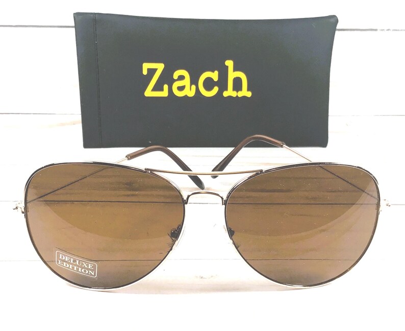 Oversized Sunglasses: Free Engraved Name, Air Force Brand, Unisex. Gold/Brown lens
