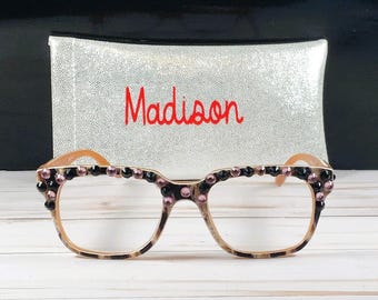 Swarovski Crystal Readers: Pink, Black, Animal Print Frame, +1.50 Strength (Personalized Case)