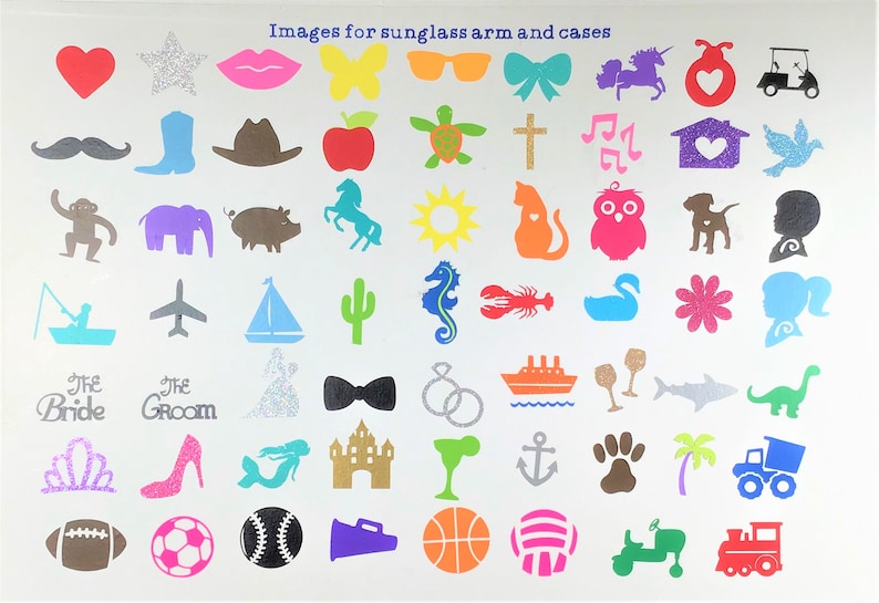 May include: A sheet of colorful stickers featuring various images, including animals, objects, and symbols. The stickers are designed for use on sunglass arms and cases. The text "Images for sunglass arm and cases" is printed at the top of the sheet.