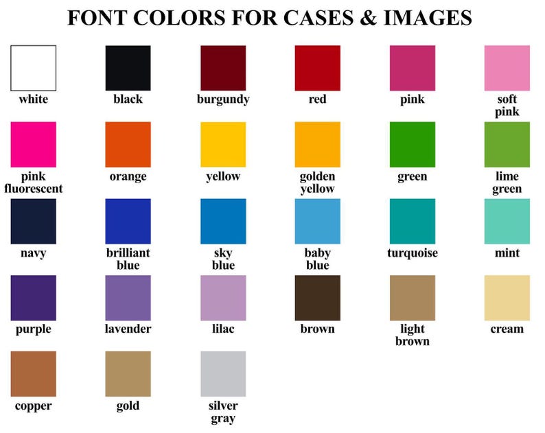 May include: A chart showing 24 different color swatches with their corresponding names. The colors include white, black, burgundy, red, pink, soft pink, pink fluorescent, orange, yellow, golden yellow, green, lime green, navy, brilliant blue, sky blue, baby blue, turquoise, mint, purple, lavender, lilac, brown, light brown, cream, copper, gold, silver gray.