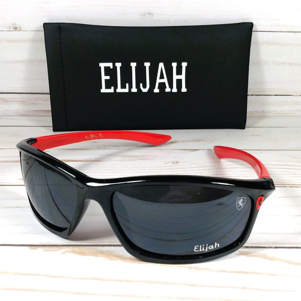 BOYS/MENS SPORT Sunglasses with Ferrari logo.  Great for any outdoor activity. Uv protection. Personalized cases with Name. Age 7 to adult.