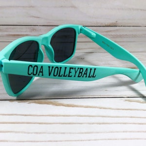 Puede incluir: Gafas de sol de color verde azulado con lentes oscuras que presentan el texto negro COA VOLLEYBALL impreso en la patilla exterior. La patilla interior incluye el texto WP01-TEAL GALS. La montura tiene una forma cl&aacute;sica con acabado mate.