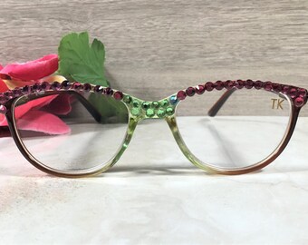 ROSE/LIME GREEN Genuine Crystals embellish this Reader. Fancy and Flirty! Free Faux Leather Case Personalized with a Name. +1.75