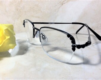 CLASSIC READERS with Spring Hinges. BLACK Genuine Crystals enhance the look of the frame. Free Faux Leather Case w/your Name. +2.50