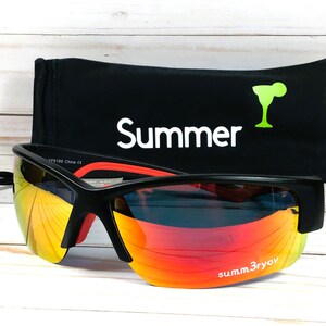May include: Black sunglasses with orange and yellow reflective lenses featuring the text summ3ryov on the right lens. The sunglasses are accompanied by a black storage pouch with the word Summer and a lime green cocktail glass icon printed on it.