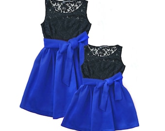 Robe assortie bleue, tenue de fille de mère assortie, robes d’enfant en bas âge de mère, robe d’anniversaire première