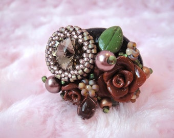 Flower Bouquet Ring, Brown Clay Rose and Swarovski Crystal Adjustable