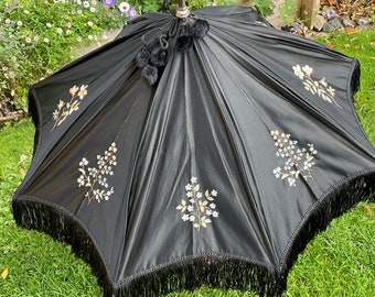 Rare Antique Victorian Black Silk Parasol with Embroidered Flowers, Fringing and Pom Poms - AF