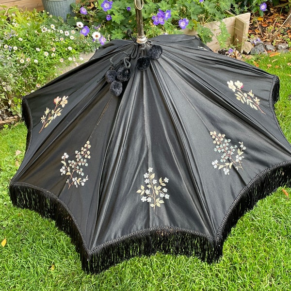 Rare Antique Victorian Black Silk Parasol with Embroidered Flowers, Fringing and Pom Poms - AF