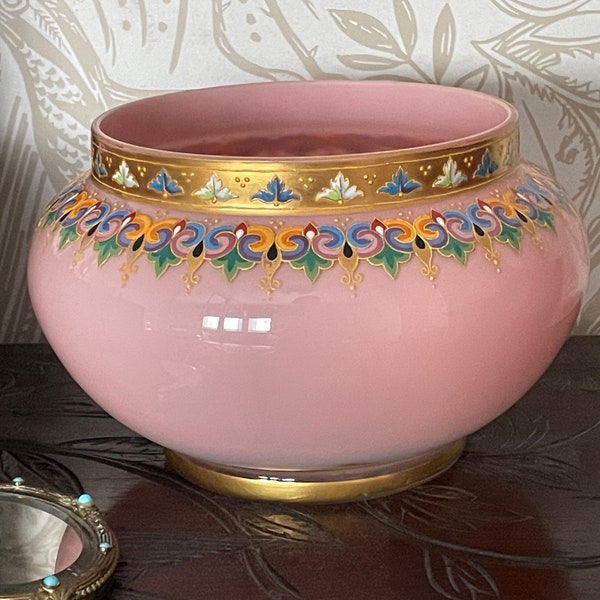 Beautiful Antique Bohemian Pink Vaseline or Opaline Glass Bowl or Vase with Exquisite Enamel Detail and Gilding - UV Reactive