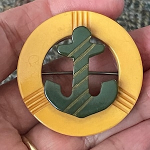 Vintage Nautical Yellow and Green, Genuine Bakelite, Anchor Brooch or Pin