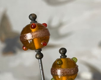 Antique Art Deco Murano Lampwork Glass Bead Hat Pins - Gold  display picture 1